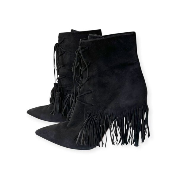 AQUAZZURA Mustang 105 Fringe Heeled‎ Ankle Boots In Black Suede, Size 37 EU - Picture 5 of 12